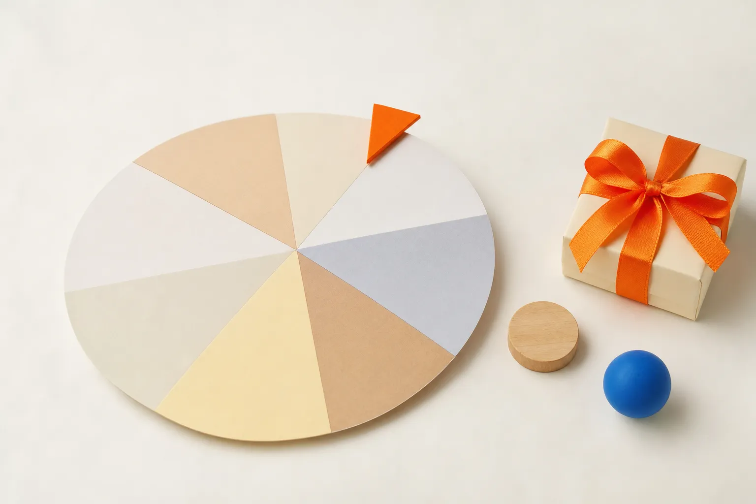 A paper prize wheel with uneven segments, a wooden token and a small gift box on an off-white surface