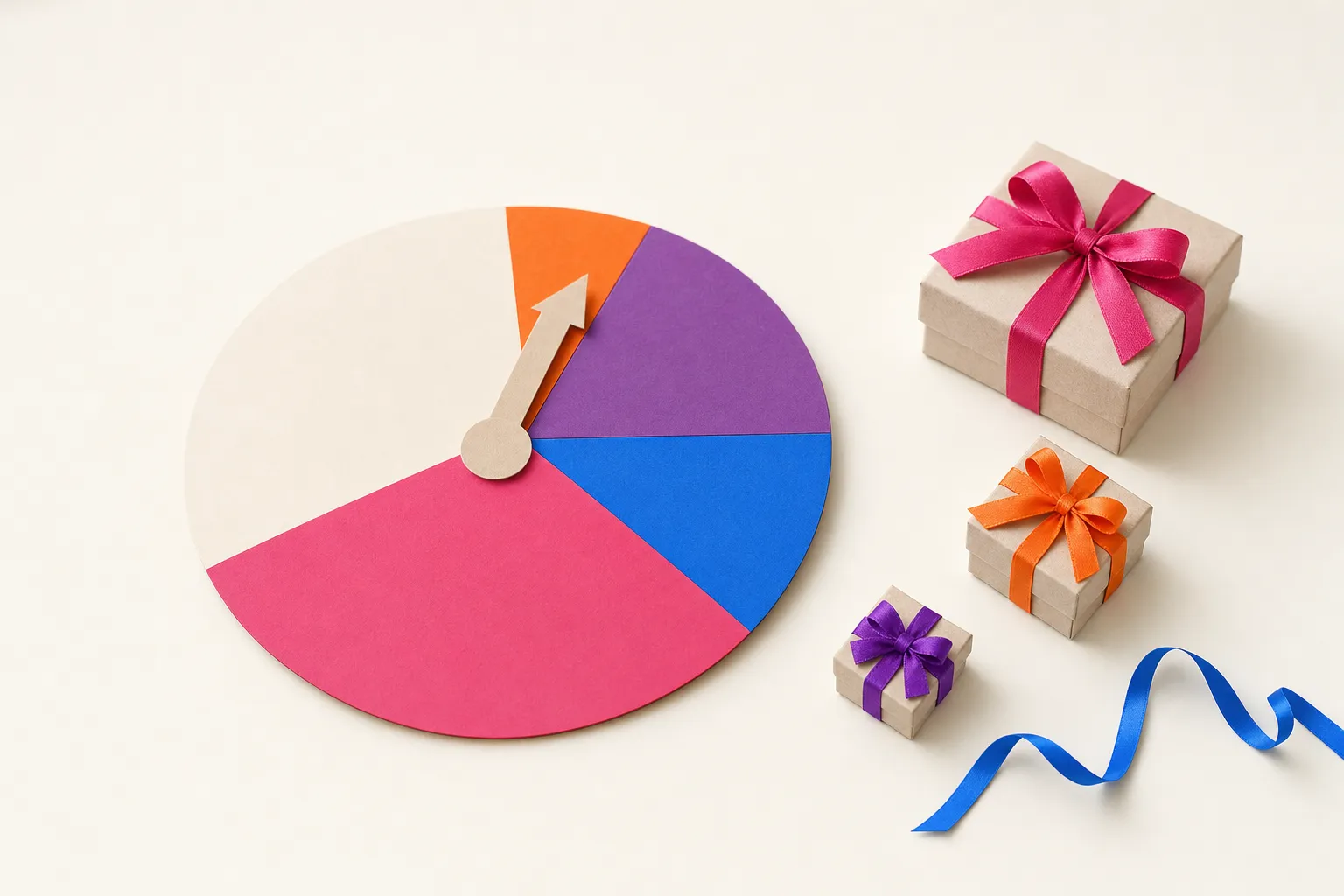 A paper prize wheel with uneven segments next to a few small gift boxes on a pale surface