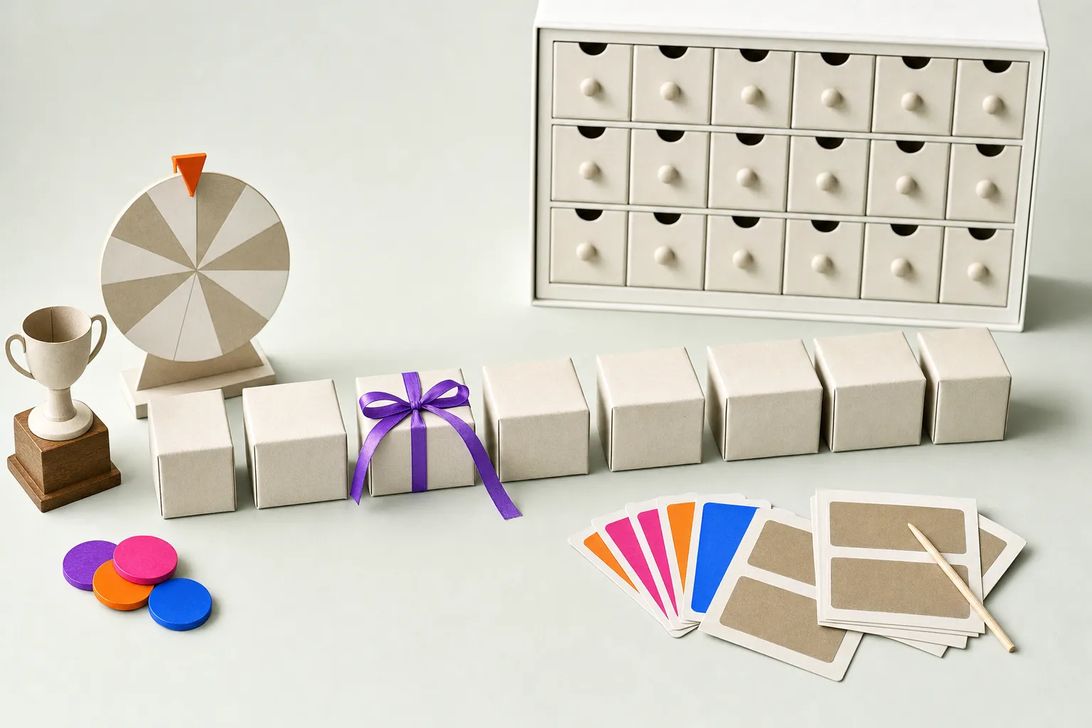 Small wrapped prize boxes lined up in a row beneath a calendar of paper doors