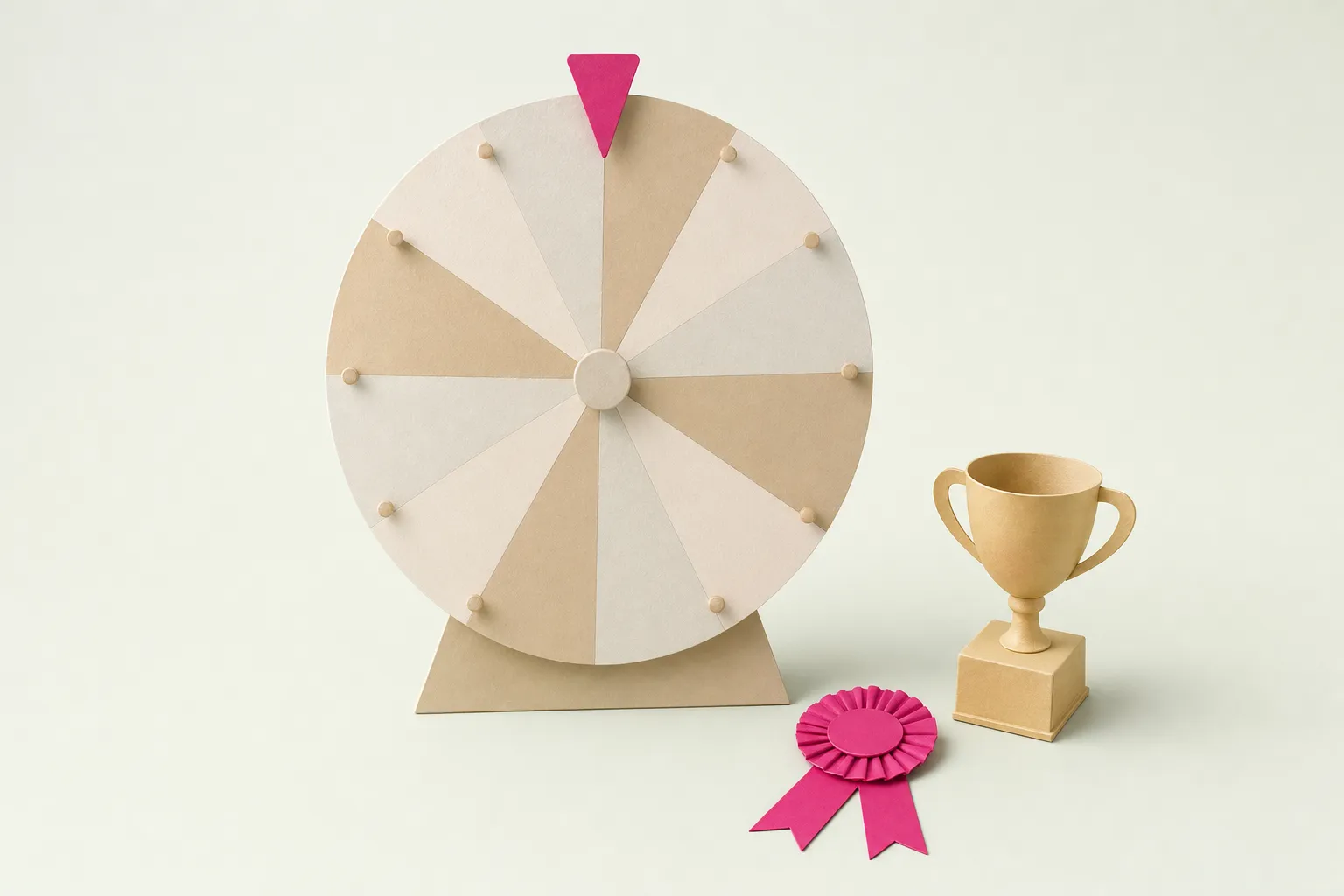 An upright paper prize wheel beside a small trophy and a magenta ribbon