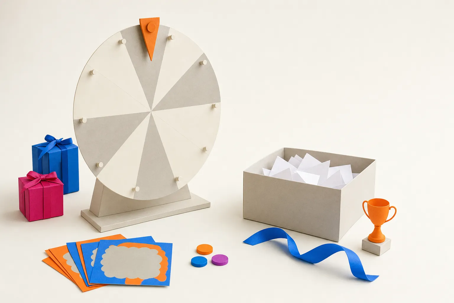 A paper prize wheel with scratch cards on one side and a box of folded paper slips on the other, on a pale surface