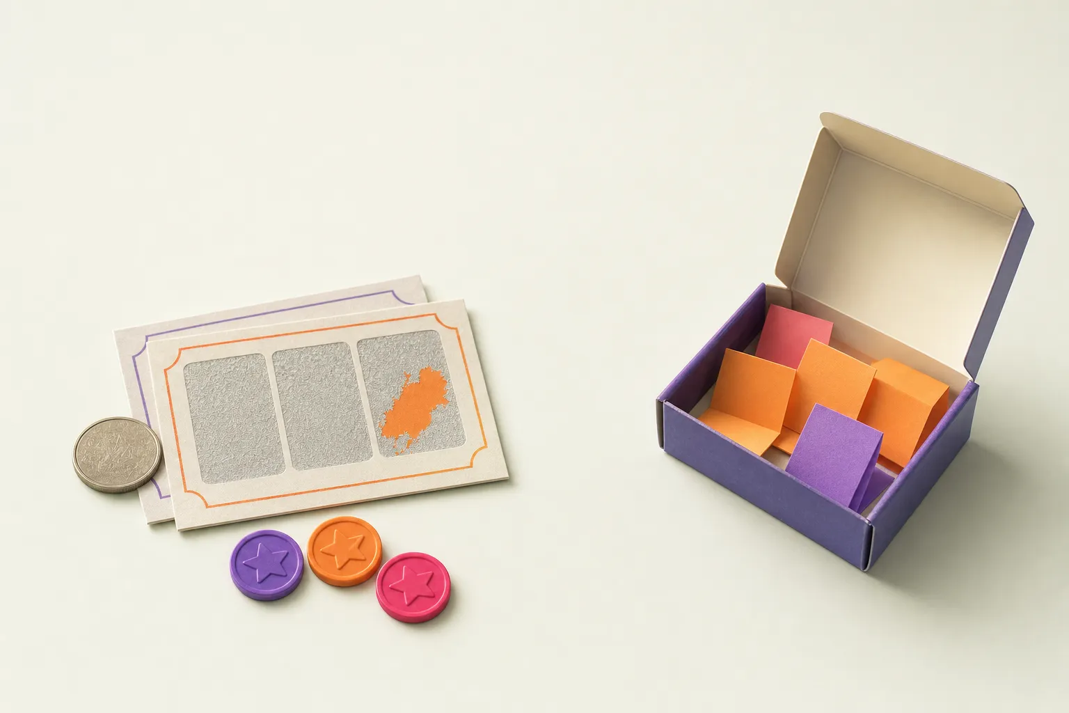 Two groups of paper props side by side, scratch cards and tokens on one side and a box of folded paper slips on the other