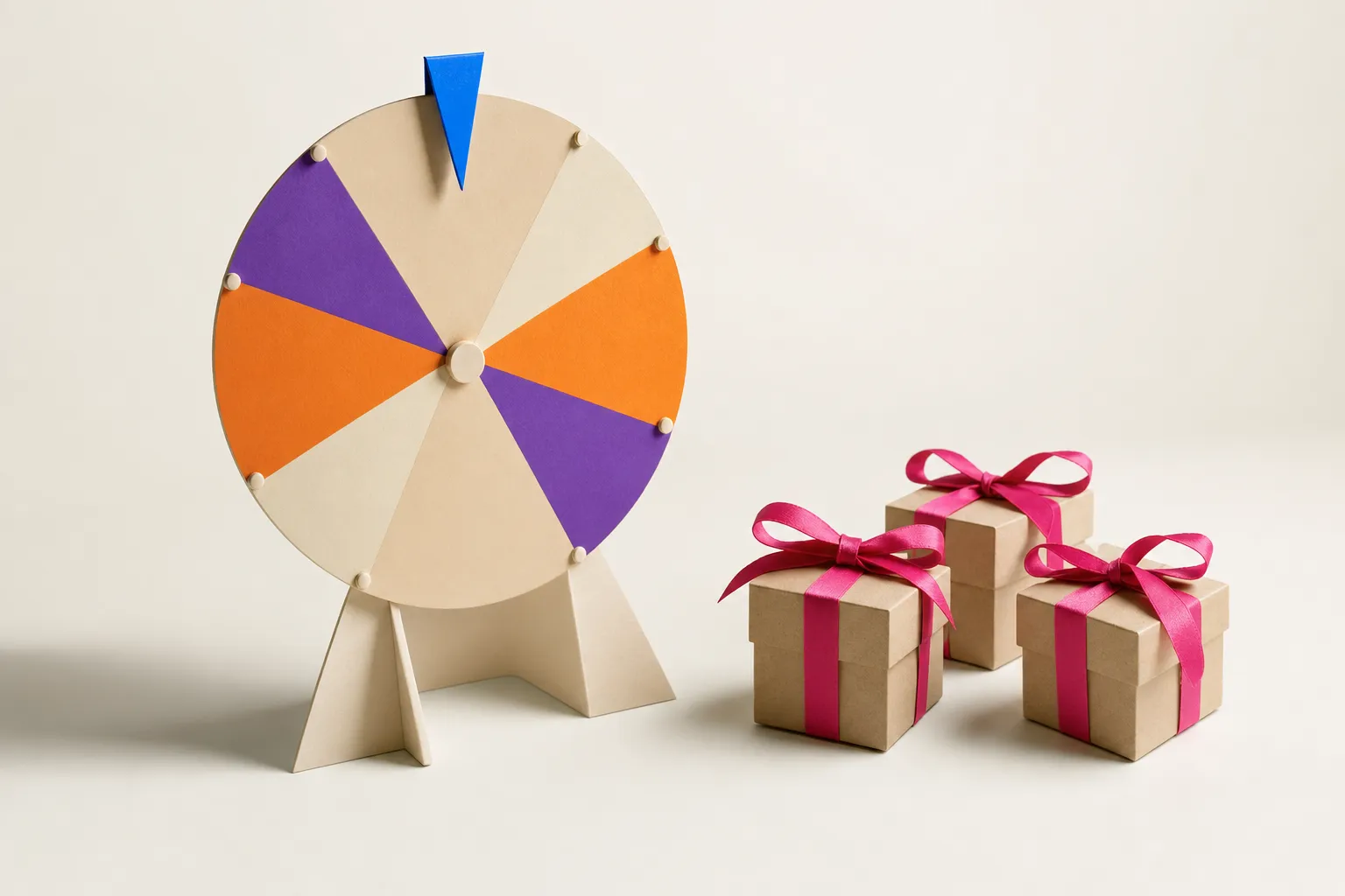 A paper prize wheel with a blue pointer next to three small ribboned gift boxes on a pale surface