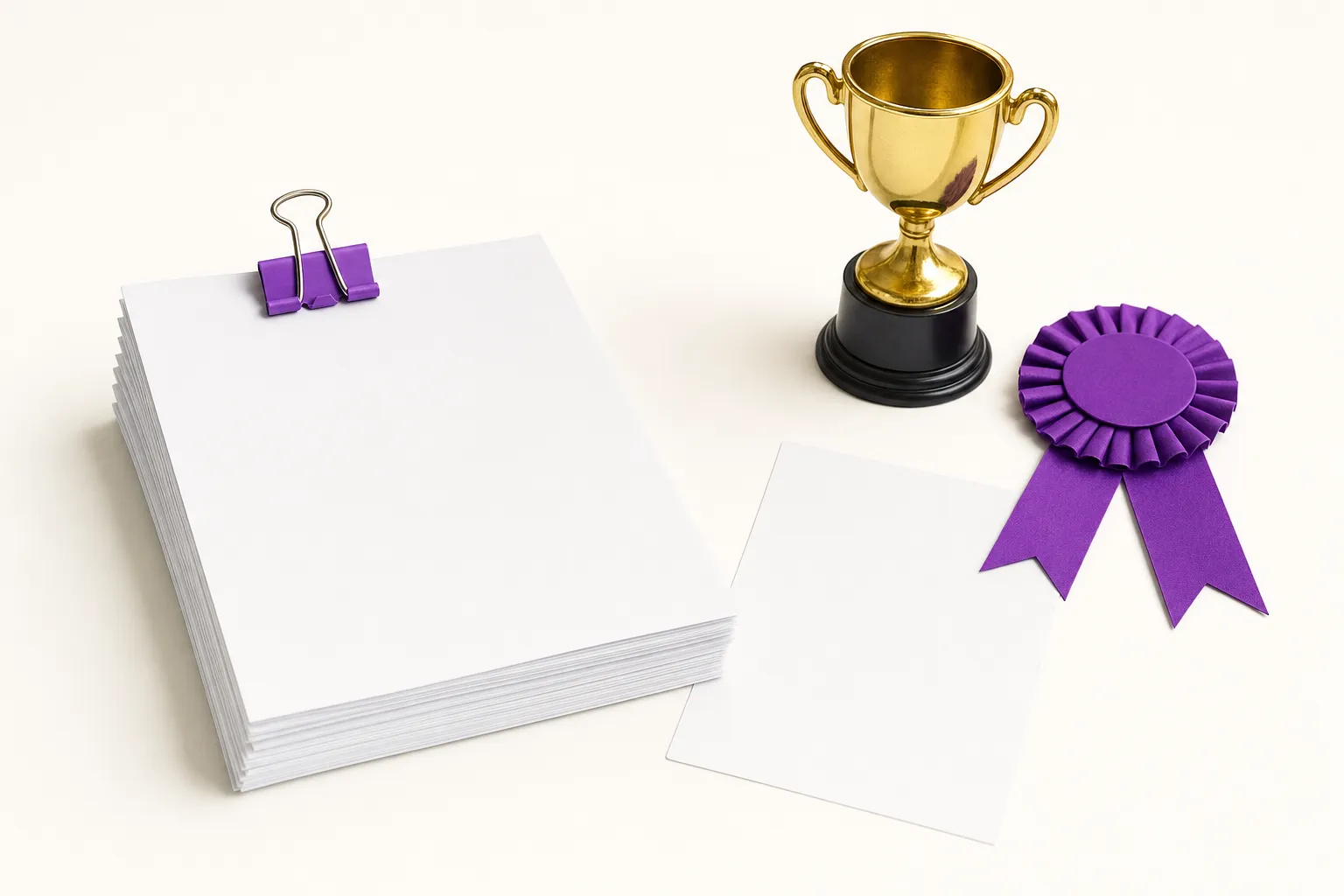 A clipped stack of blank papers beside a small trophy and ribbon on a pale surface