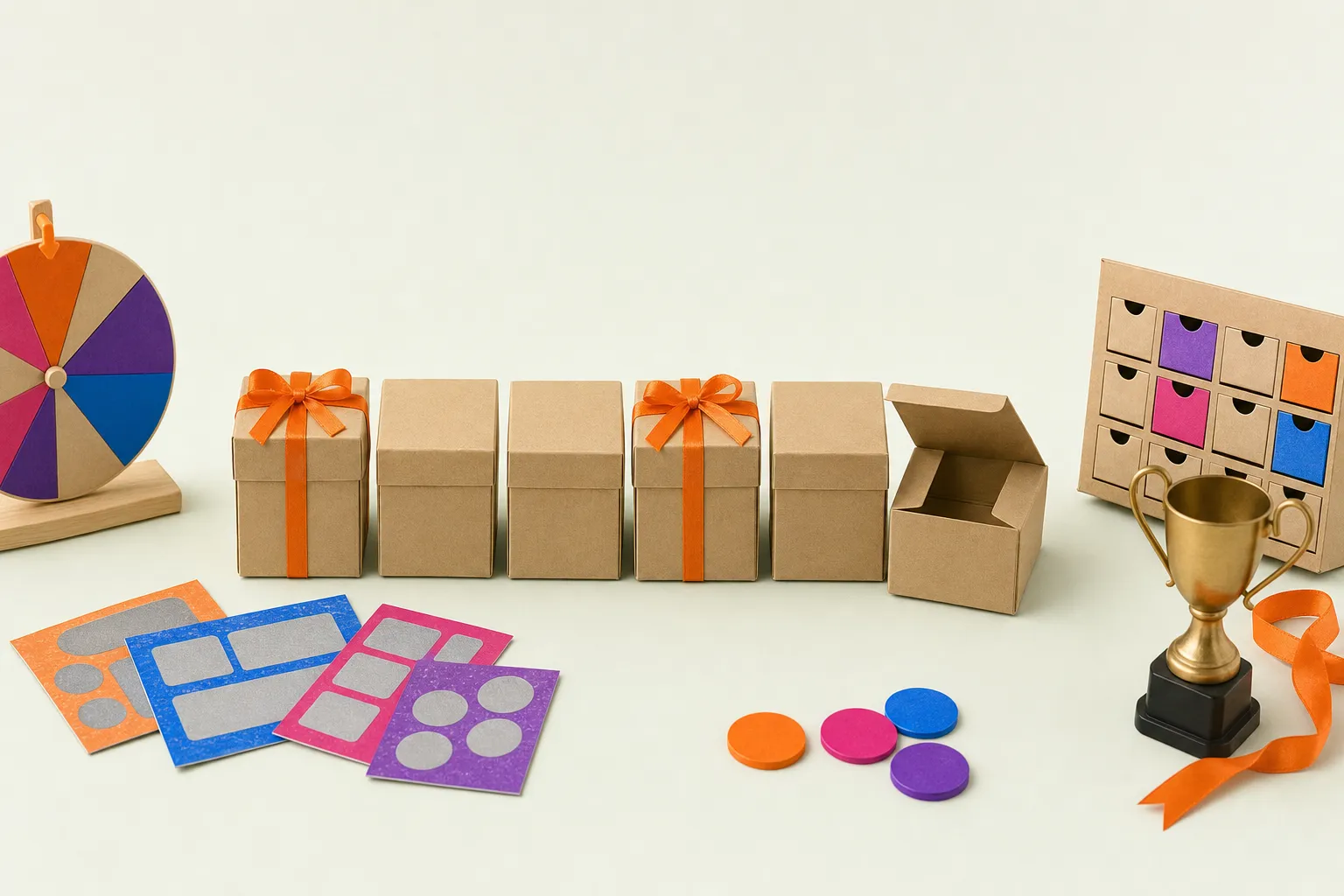 A row of small gift boxes, two tied with orange ribbon and one lying open and empty at the end