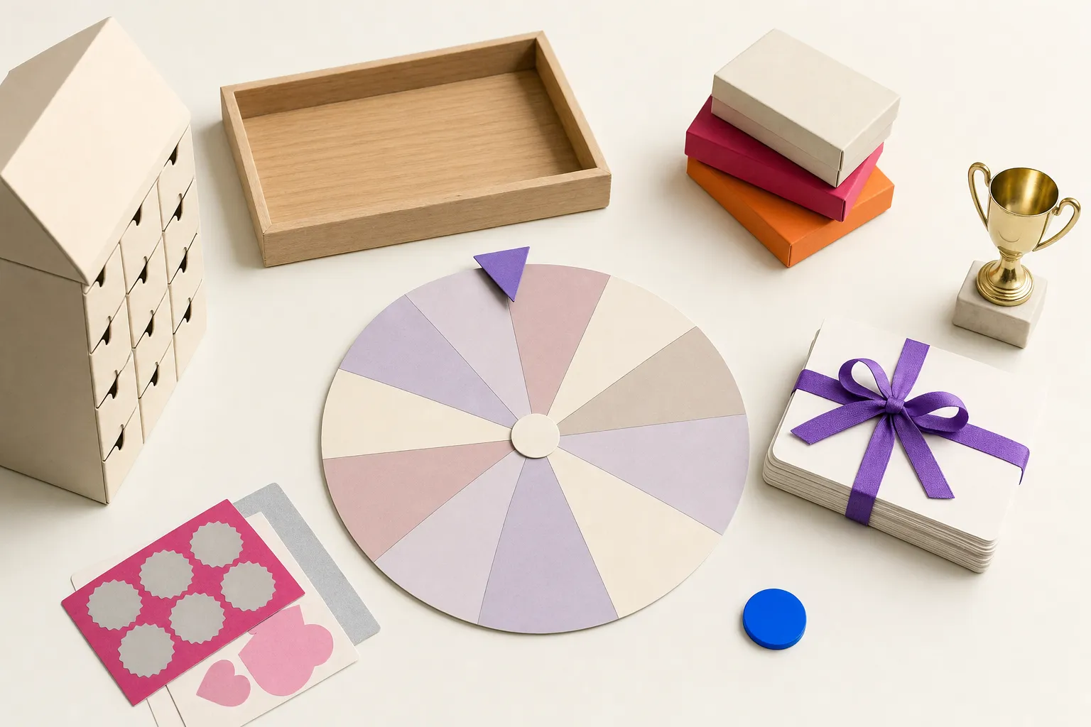 A blank paper prize wheel beside a ribbon-tied stack of plain cards and a blue token on an off-white surface