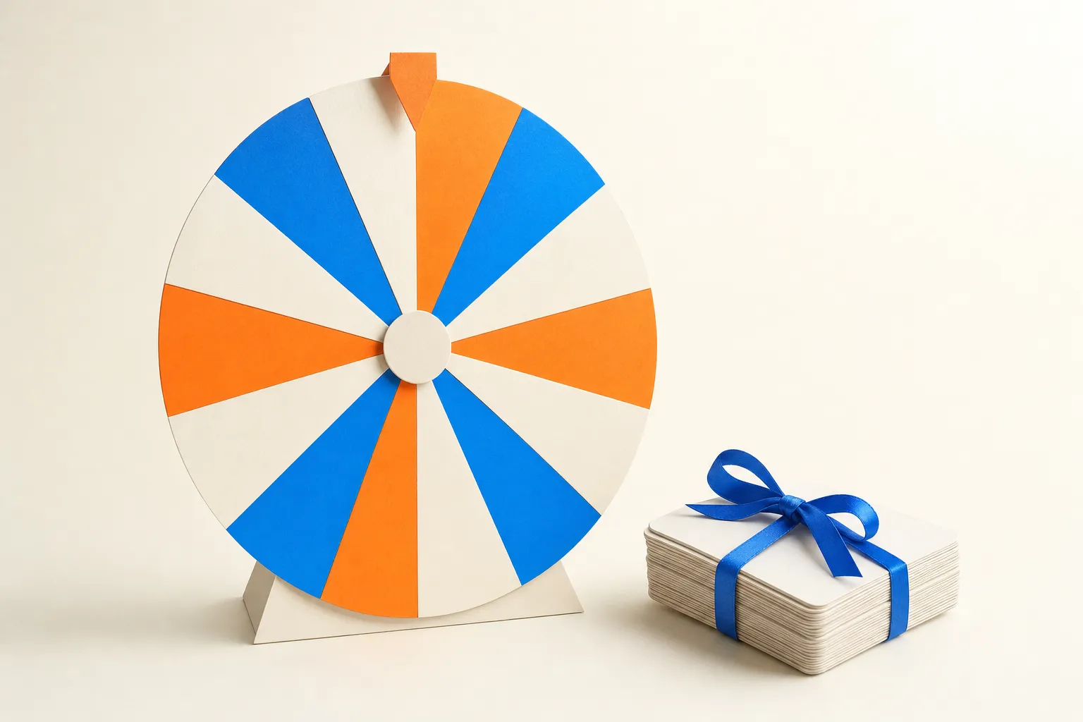 A blank paper prize wheel in blue, orange and off-white beside a small ribbon-tied bundle of plain cards