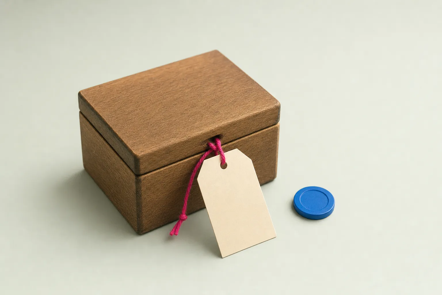 A closed wooden box file with a blank tag tied on in magenta string and a blue token beside it