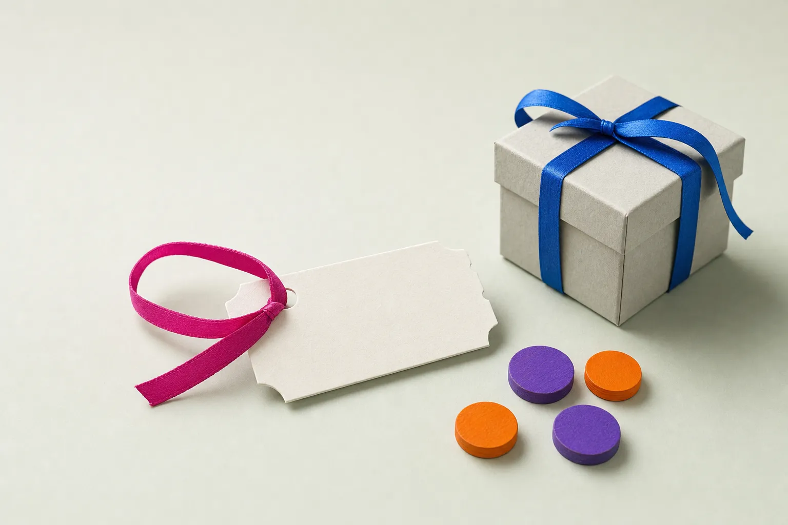 One blank paper ticket and a single small gift box with a few wooden tokens on a pale grey-green surface