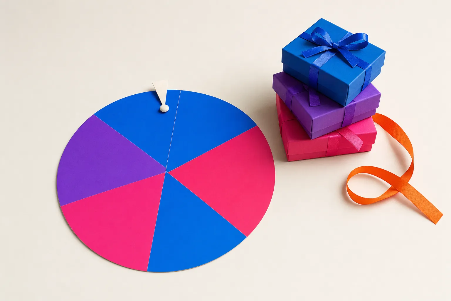 A paper prize wheel with blank coloured segments beside a small stack of ribbon-tied gift boxes on an off-white surface