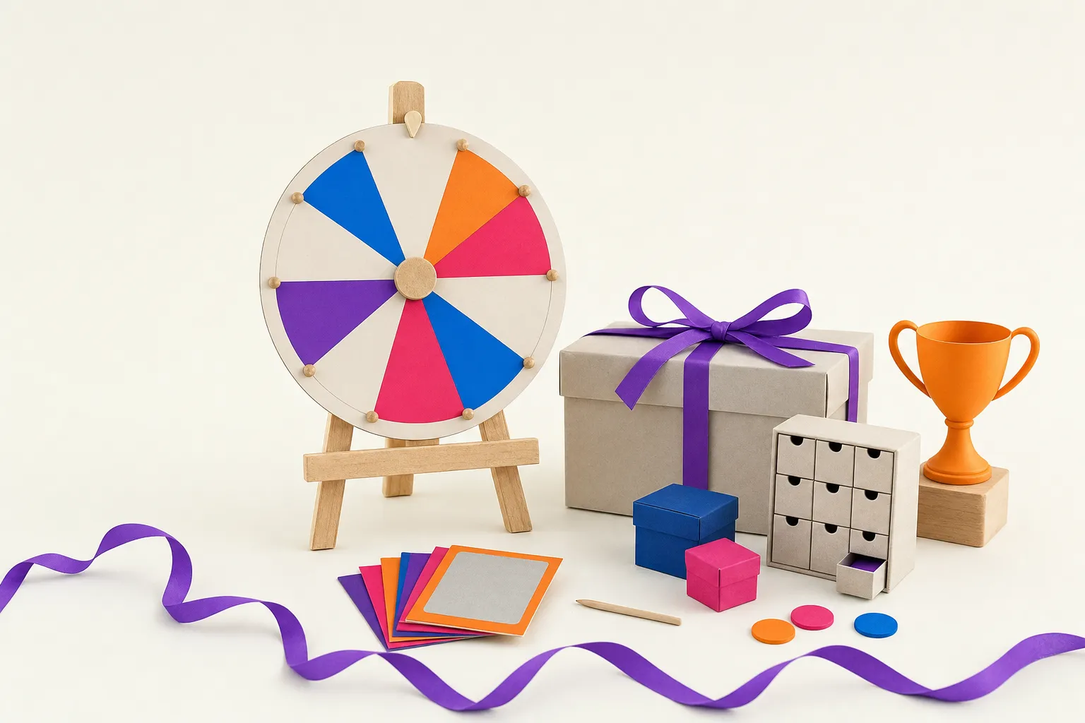 An upright paper prize wheel beside a ribbon-wrapped box and a small trophy on an off-white surface